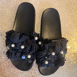 MERCEDES CASTILLO Black Floral Pearl Slide Sandals